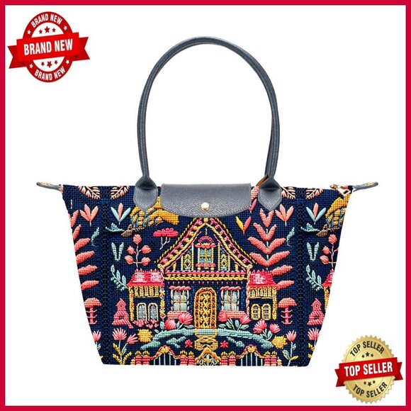 Handbags - Large Foldable Tote Bag with Zipper, Canvas & Faux Leather